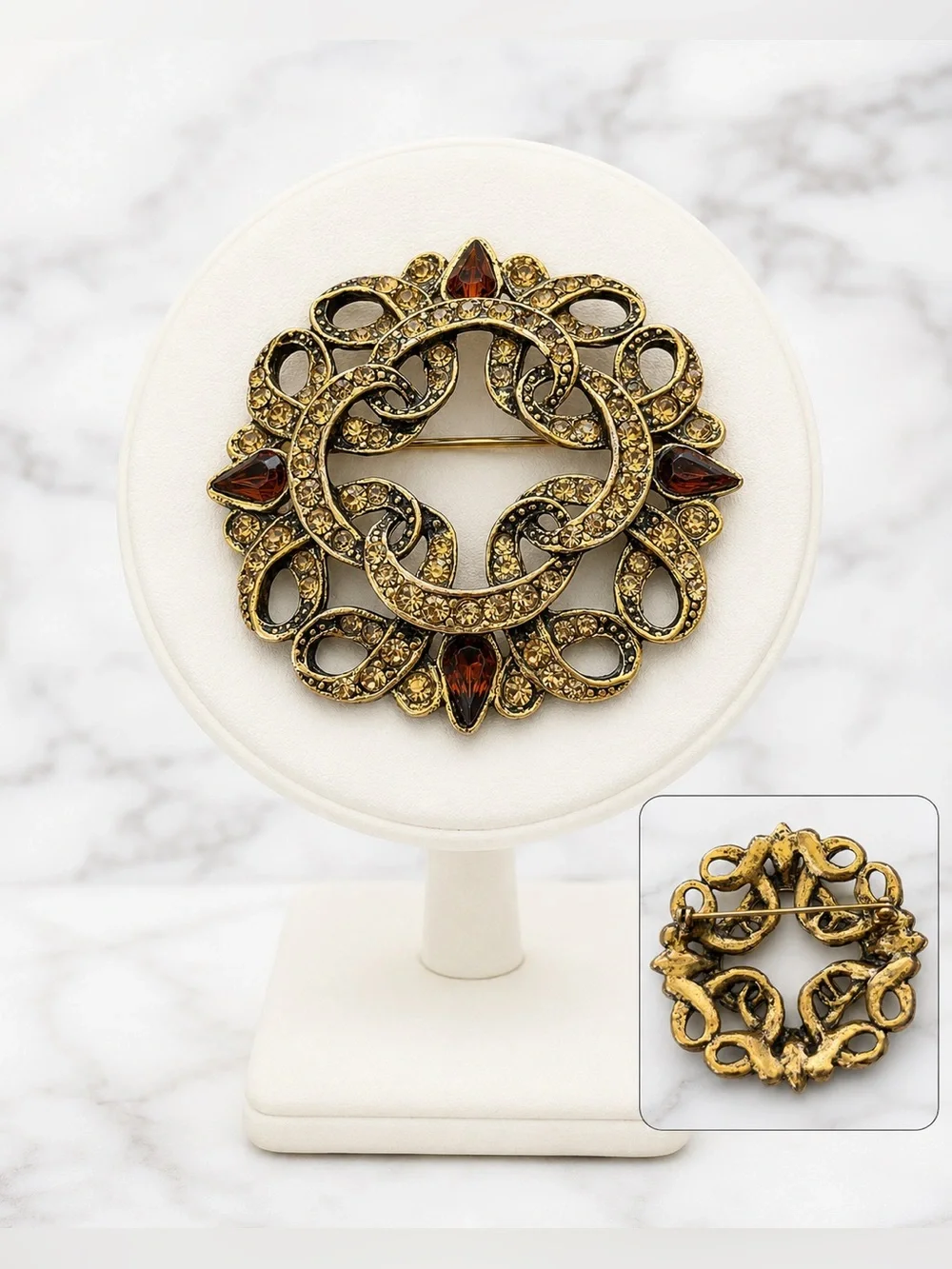 Vintage-Inspired Gold and Amber Stone Round Brooch - Women Jewelry